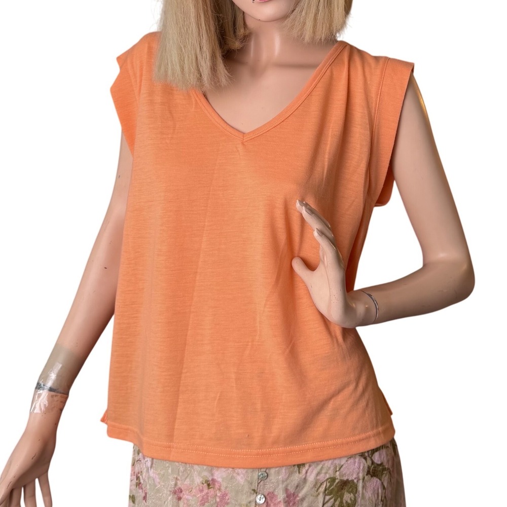New Vero Par Veronique Cloutier Tank Top Orange Linen Blend V-Neck MP